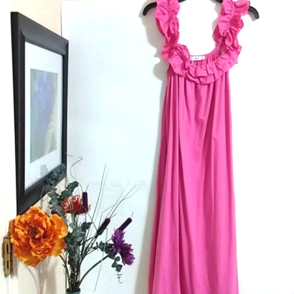 MNG MANGO NWT MARGOT PINK RUFFLE OFF SHOULDER MIDI